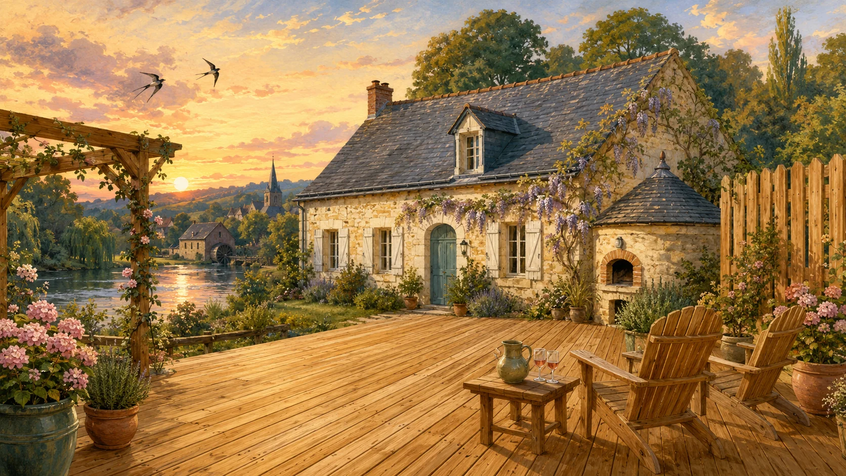 Illustration paysagère du dépôt avec terrasse en bois et clôture